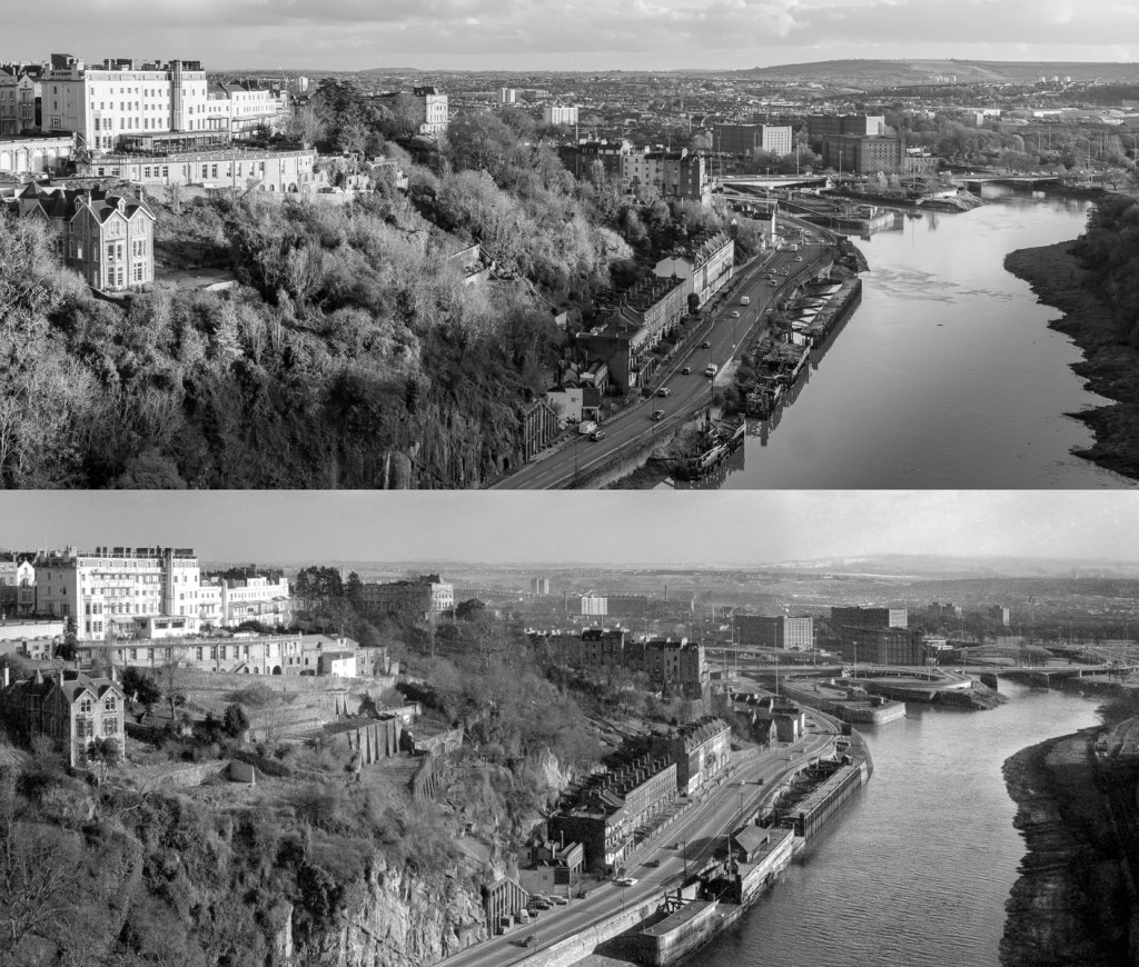 Two views of Cumberland Basin, Bristol, taken in 1969 and 2024 from Clifton Suspension Bridge