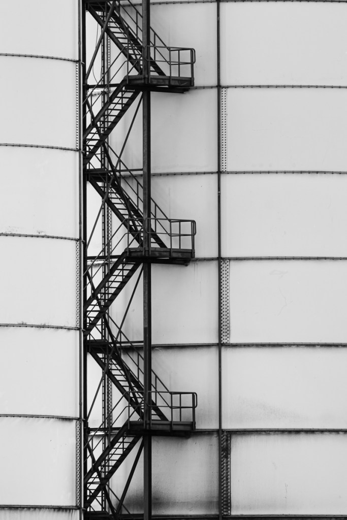 a zig zag stairway on the side of a steel silo at sharpness docks