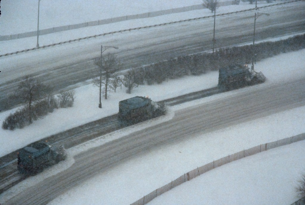Tandem Snow ploughing Lake Shore Drive Chicago 1979