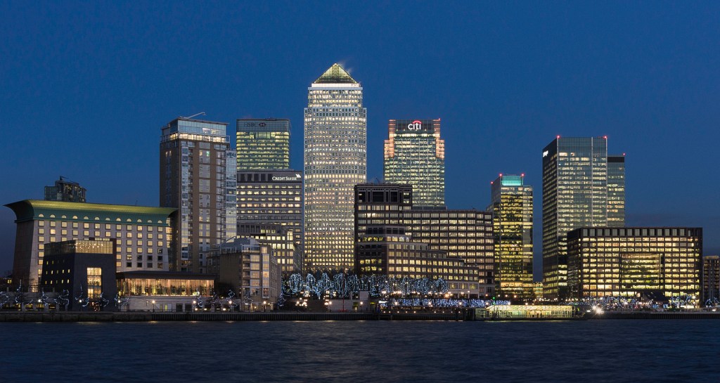 Canary Wharf at Night looking across the Thames
