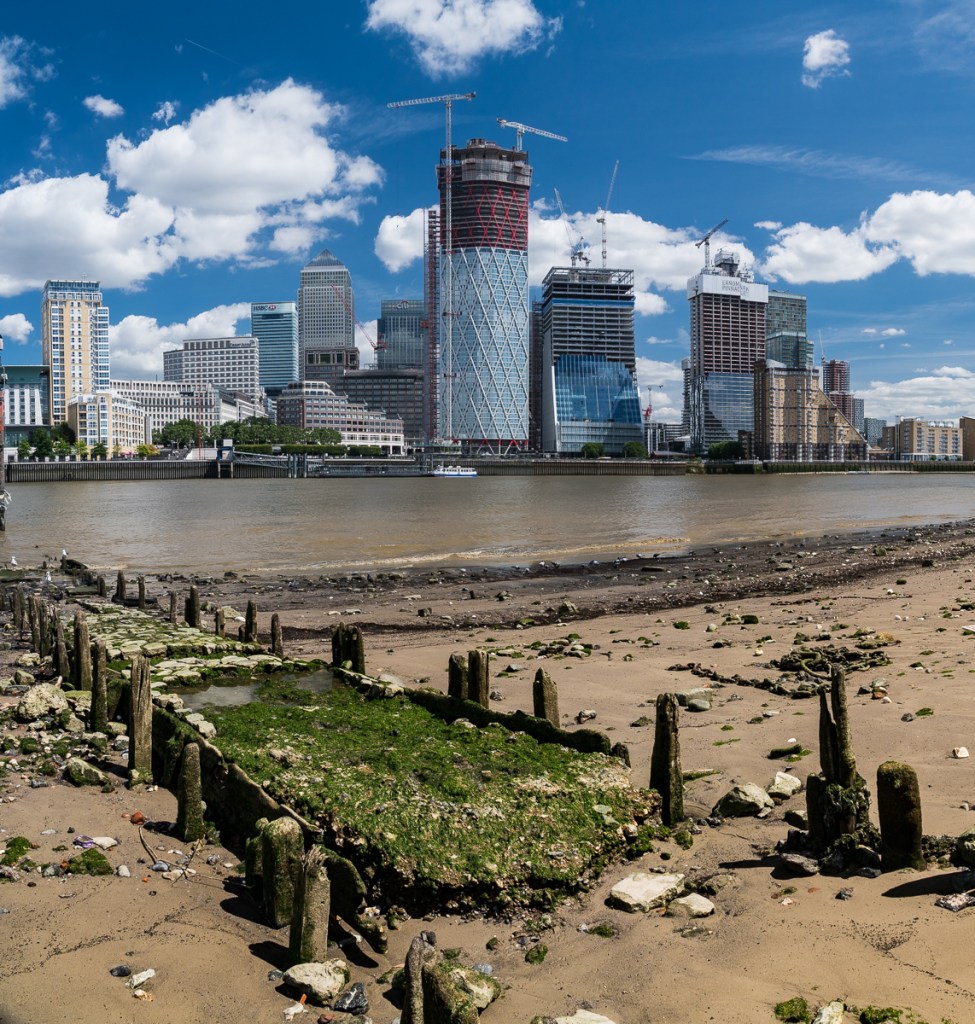 Limehouse Reach and Canary Wharf at low water